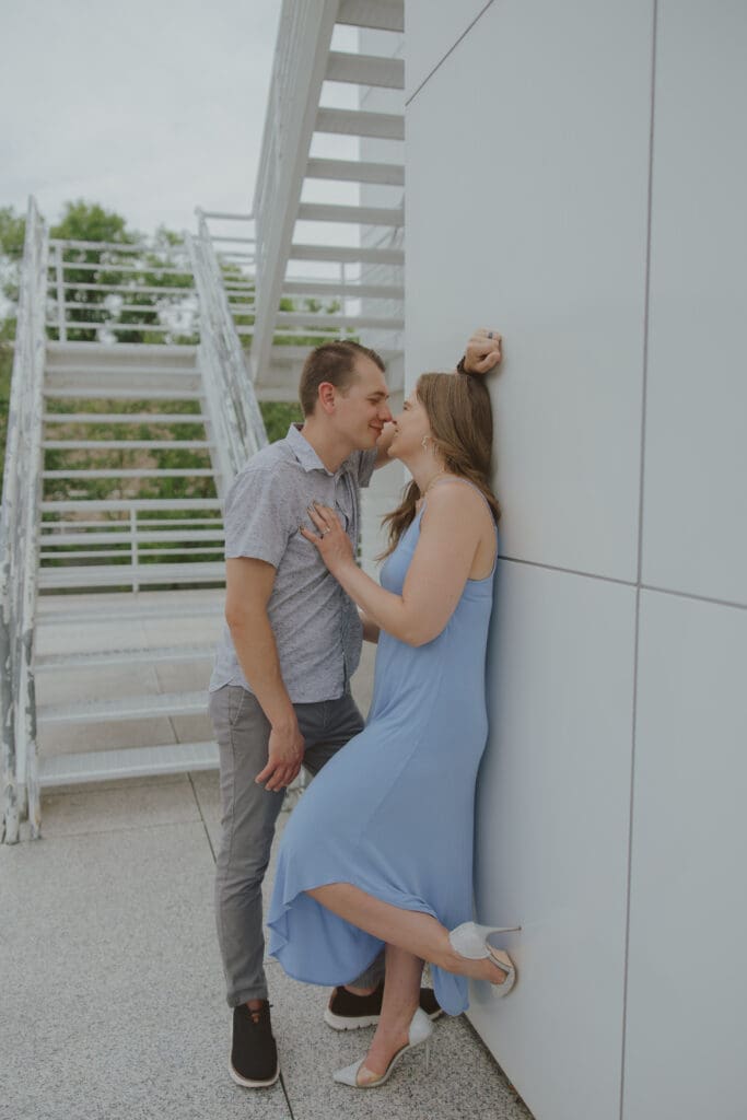 couple standing together laughing relaxed iowa photo session