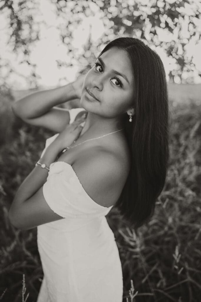 black and white senior girl portrait