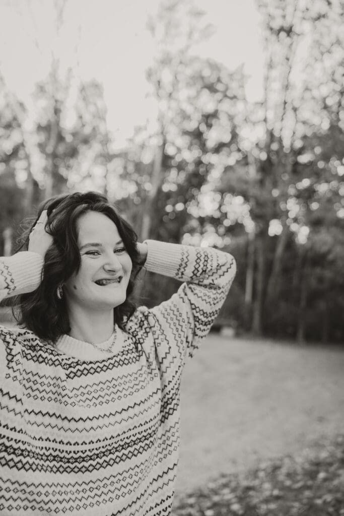 black and white photo girl smiling