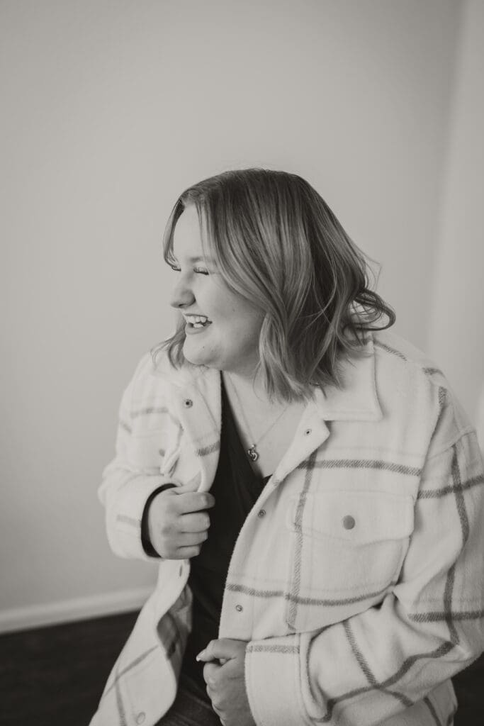 girl laughing photo black and white