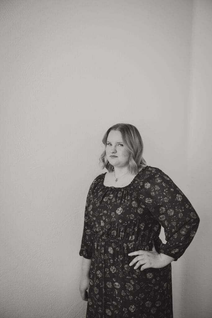 black and white studio girl senior session floral dress