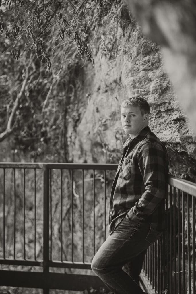 black and white outdoor senior guy photo