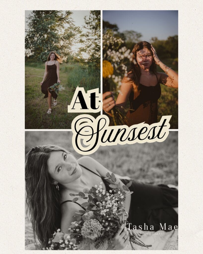 Senior girl in brown dress laying on blanket with floral arrangement black and white unique senior floral photos at sunset