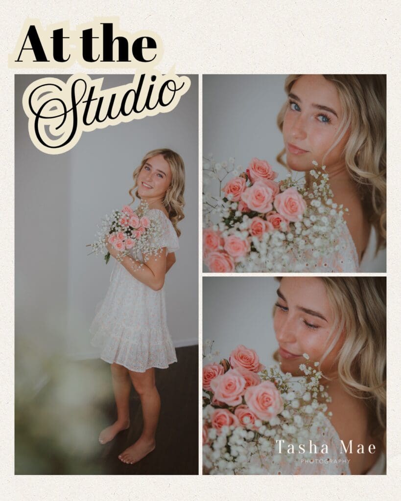 Girl senior photos at the studio in a floral dress with a floral boquet