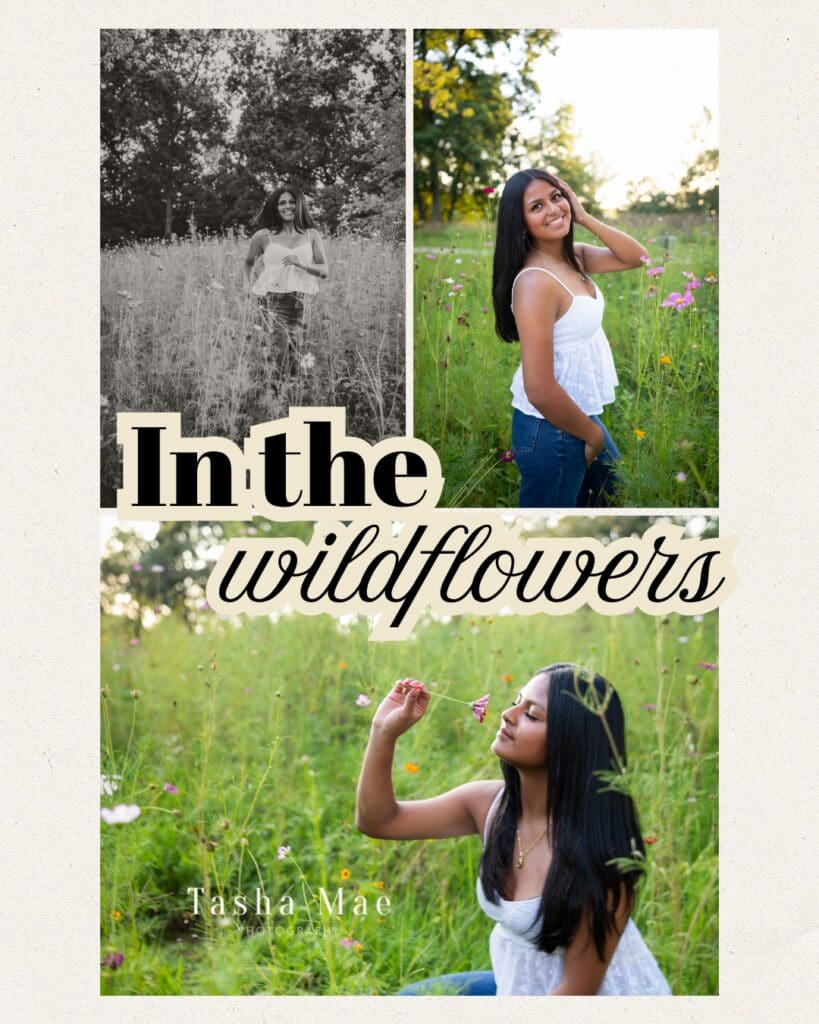 Senior Girl Photo Session in wild flower field in jeans and white top smelling flowers running in the flowers