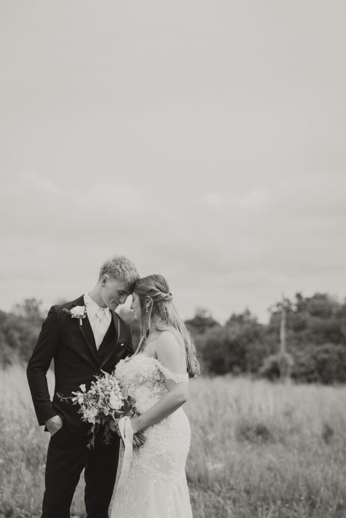 black and white bride and groom heads together photo